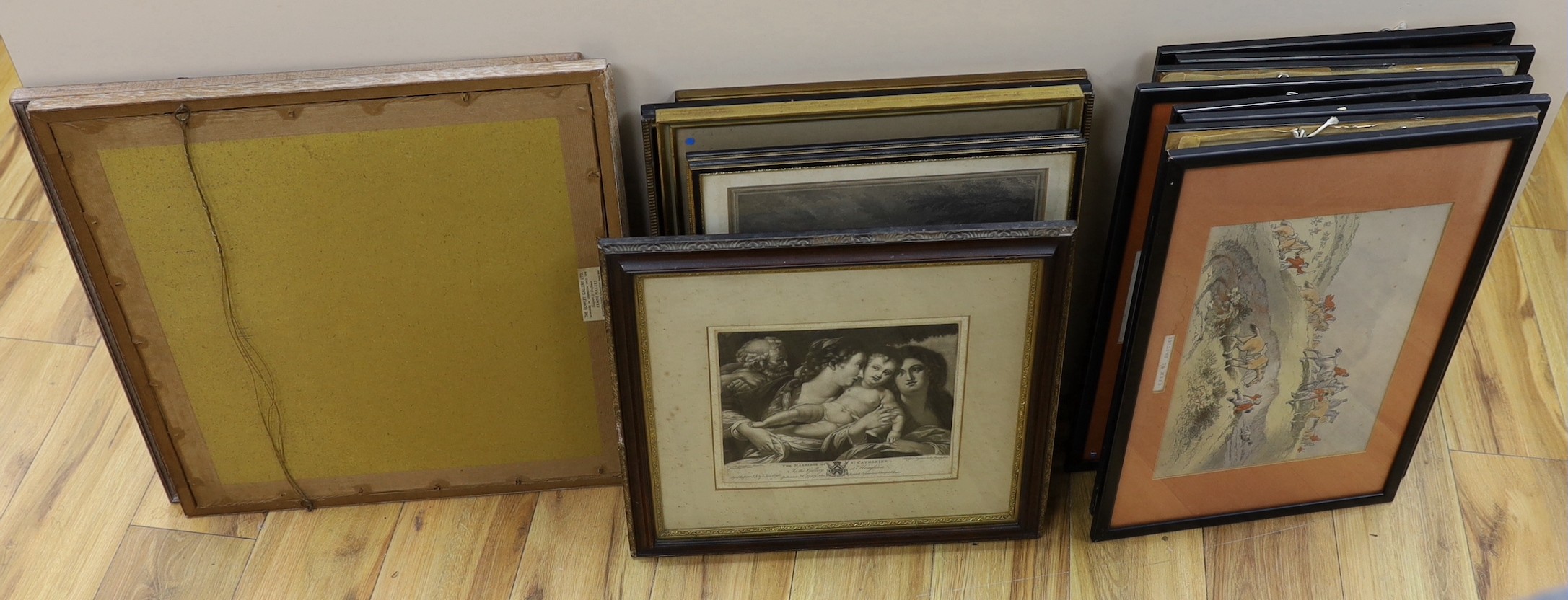 A group of assorted pictures and prints including a set of eight hunting scenes and assorted 18th century and later engravings